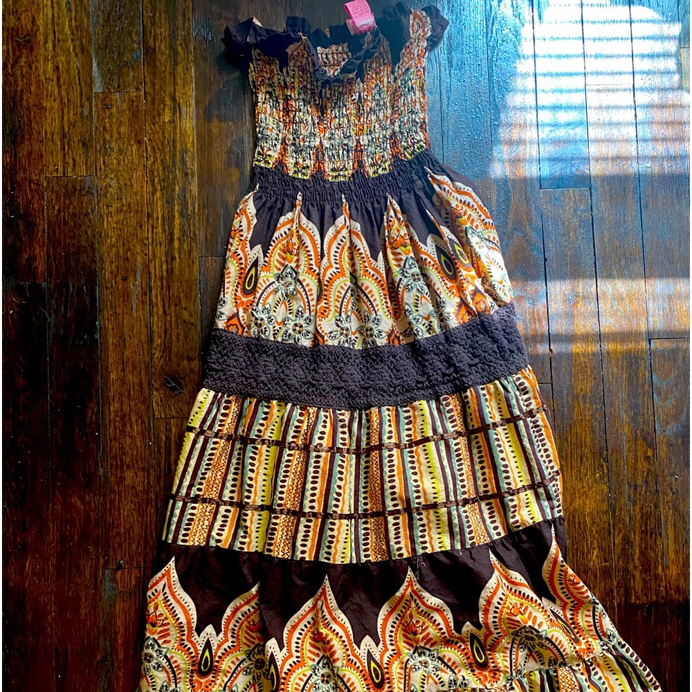 She’s Cool multi colored strapless midi dress